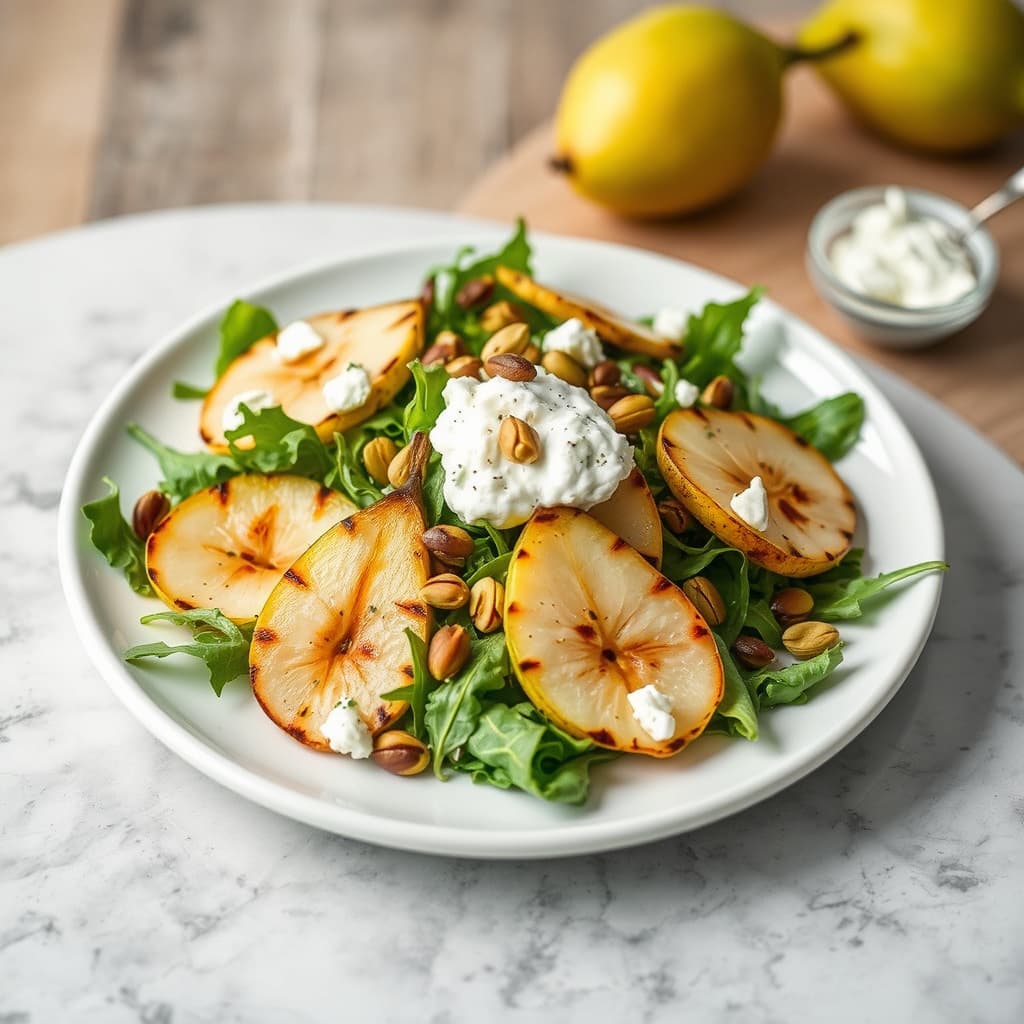 Arugulasalat med grillede pærer, pistasjnøtter og ricotta salata