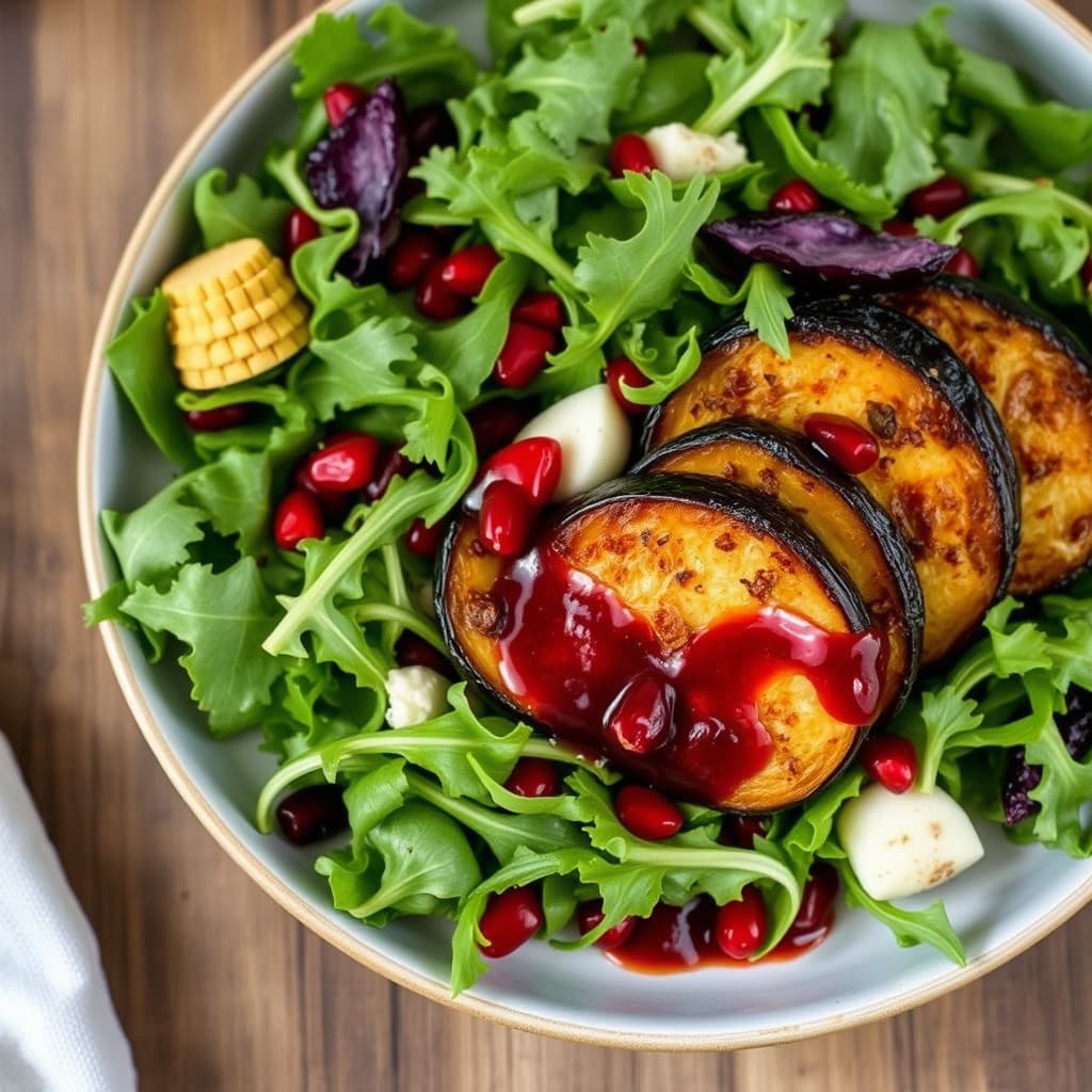 Arugulasalat med ovnsbakt aubergine og søt granateplesaus
