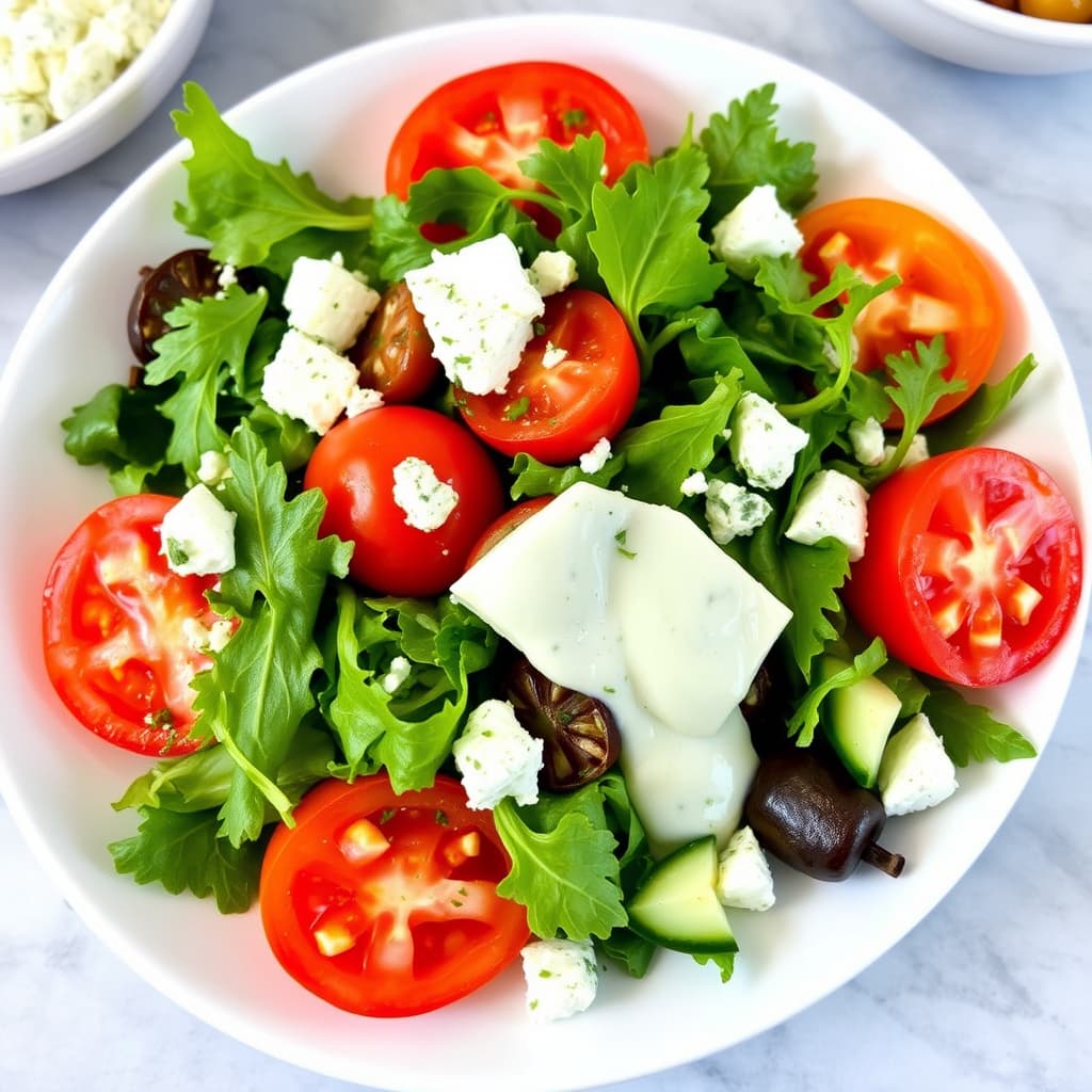 Arvegartesalat med friske grønne blader, blåmuggost og kremet gressløkdressing