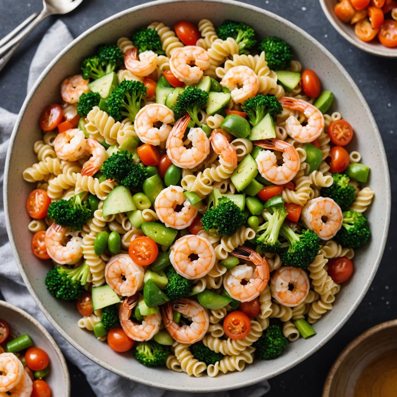 Asiatisk båndpasta salat med reker og grønnsaker