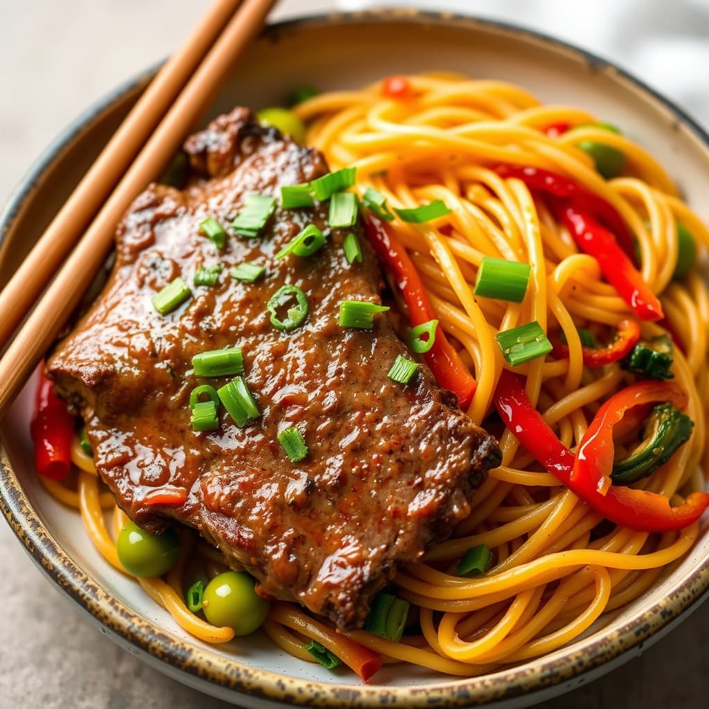 Asiatisk flankestek med stekte kinesiske nudler og paprika