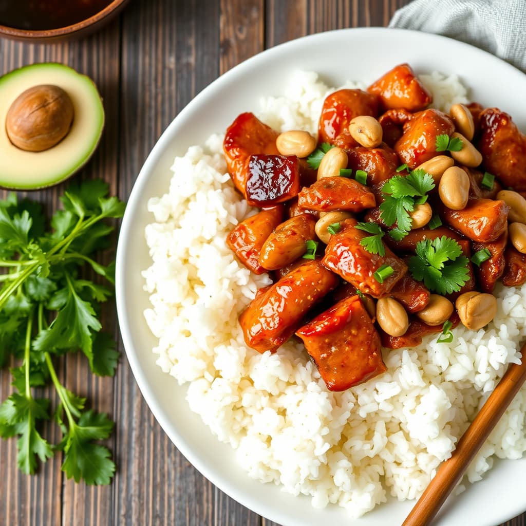 Asiatisk grillet kyllingwok med peanøtter og ris