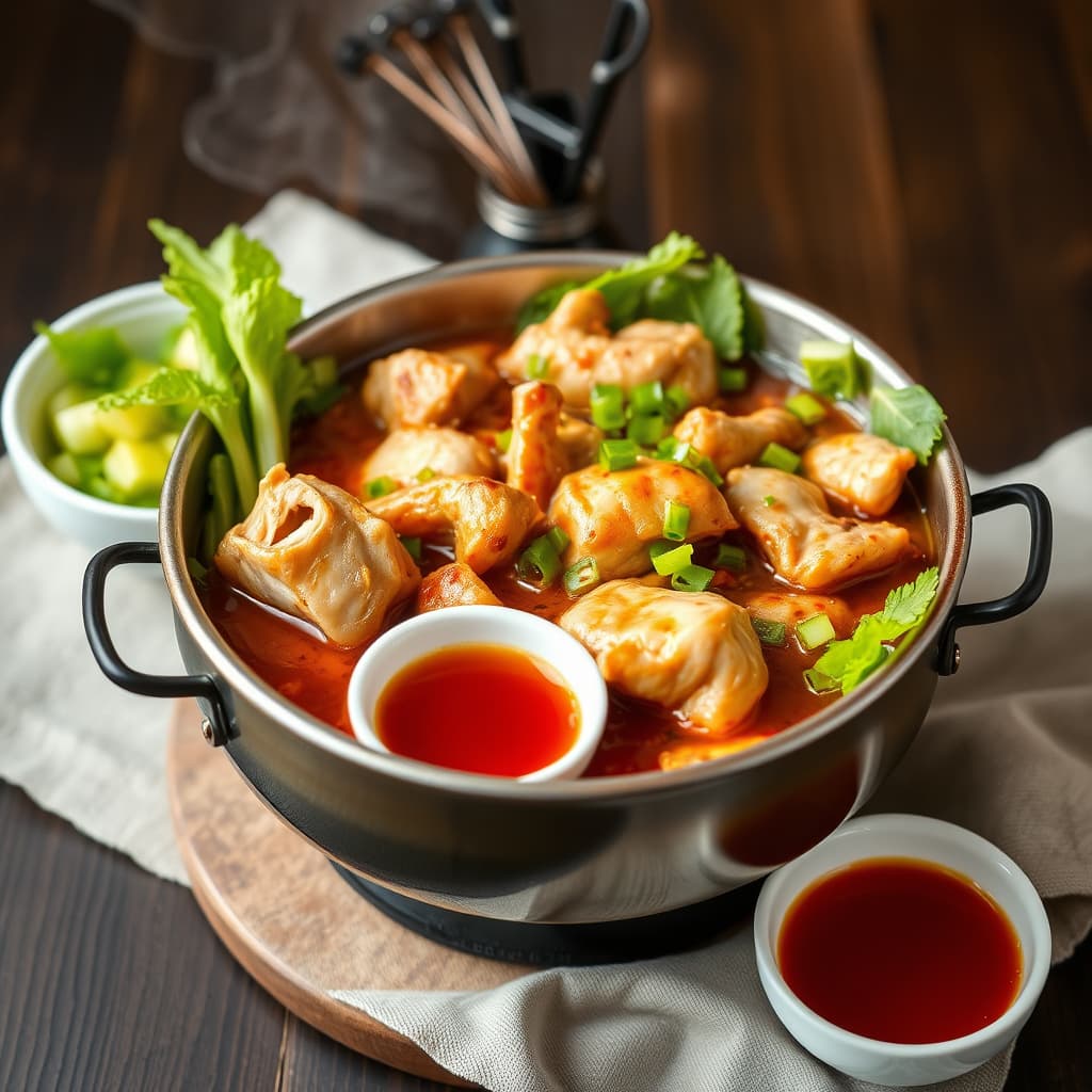 Asiatisk hot pot med kylling og søt og krydret dippesaus
