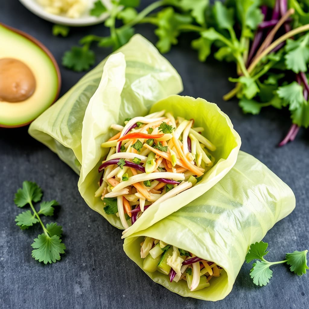 Asiatisk kål- og grønnsakssalat i vårulleflettede deigskall
