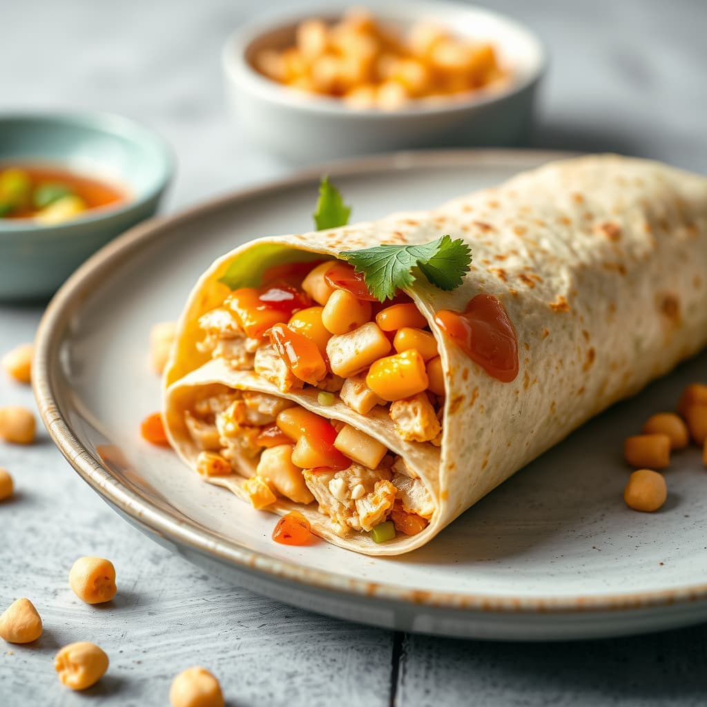 Asiatisk kyllingwrap med chilisaus og karamellpopcorn