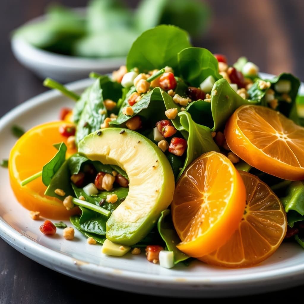 Asiatisk spinatsalat med appelsin og avokado