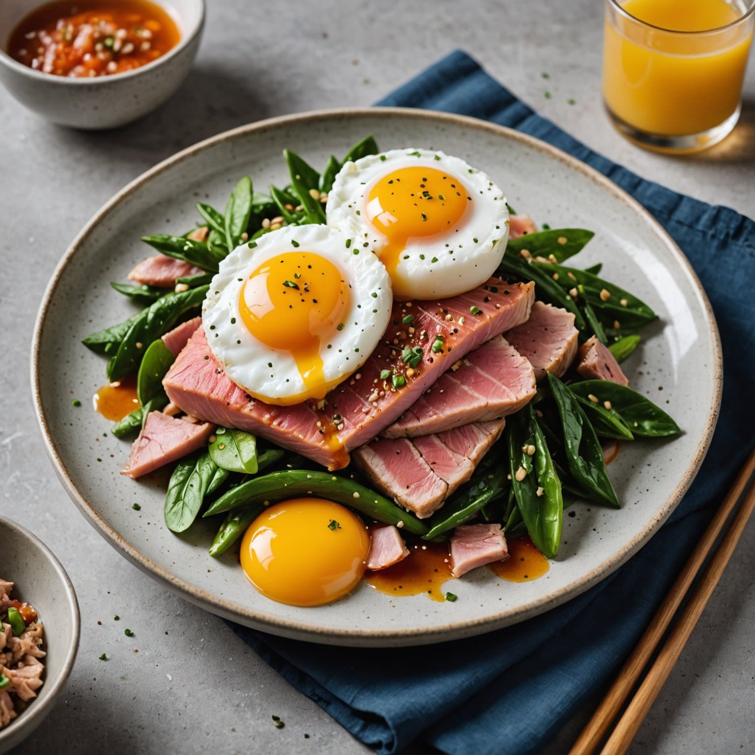 Asiatisk tunfisk med posjert egg