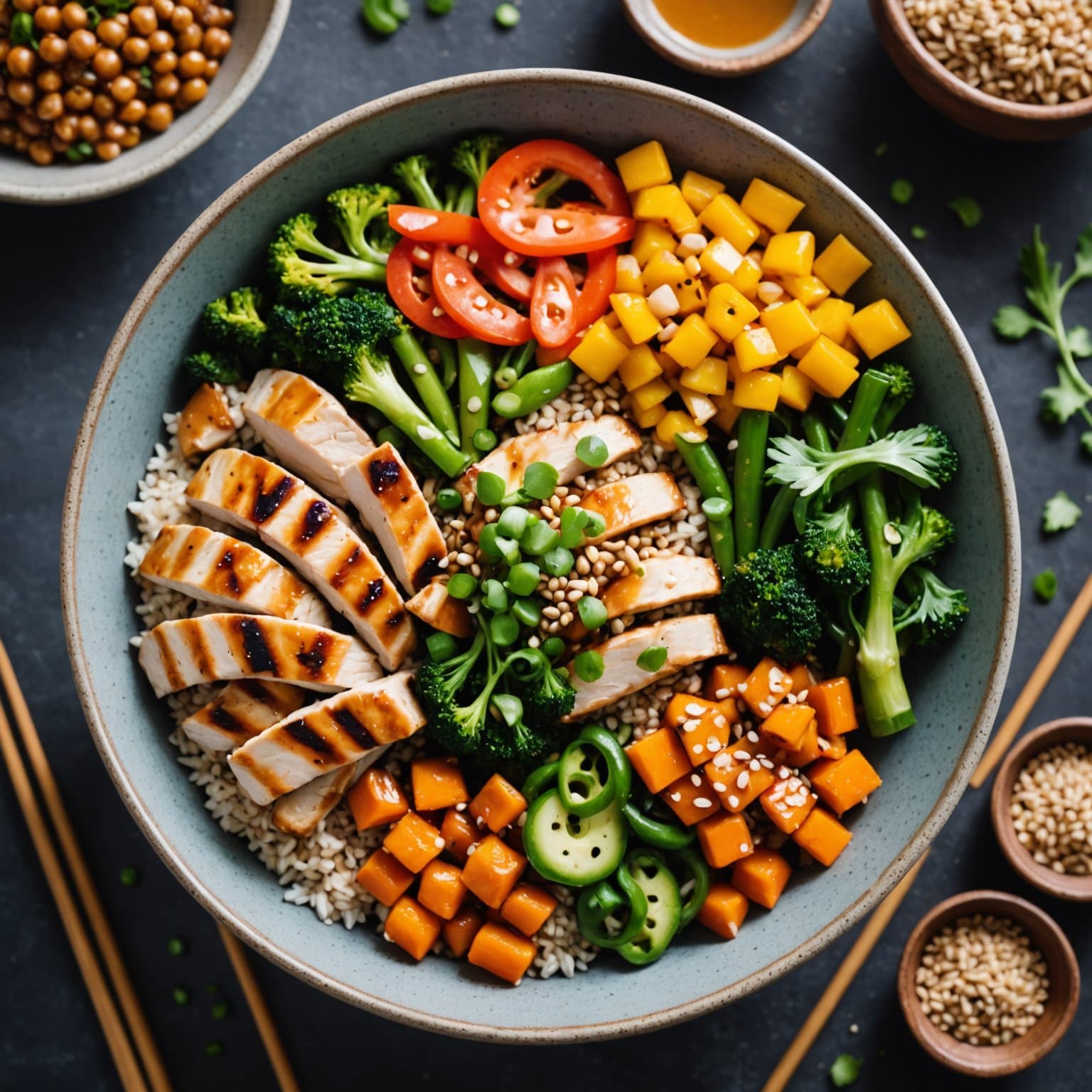 Asiatiske grønnsaker, kylling og sorghum-bolle