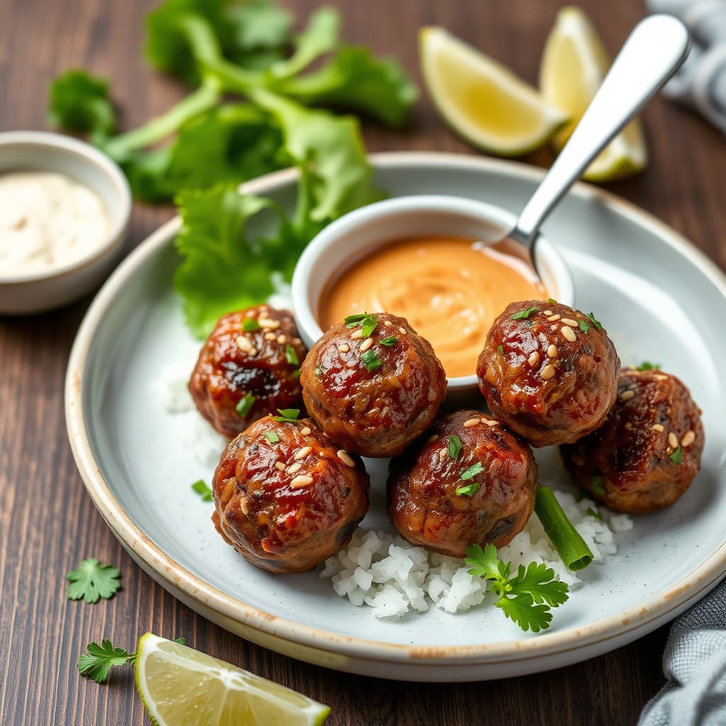 Asiatiske kjøttboller med sesam- og limesaus til dipp