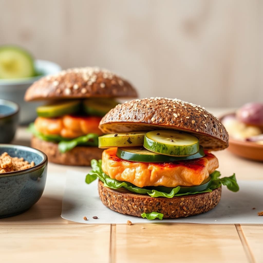 Asiatiske lakseburgere med sylteagurk på pumpernickel
