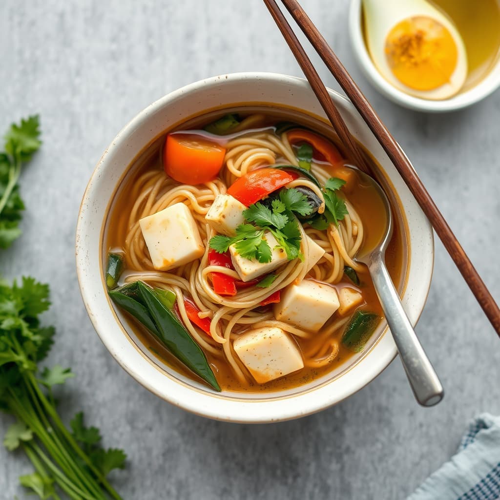 Asiatiske nudler i buljong med grønnsaker og tofu