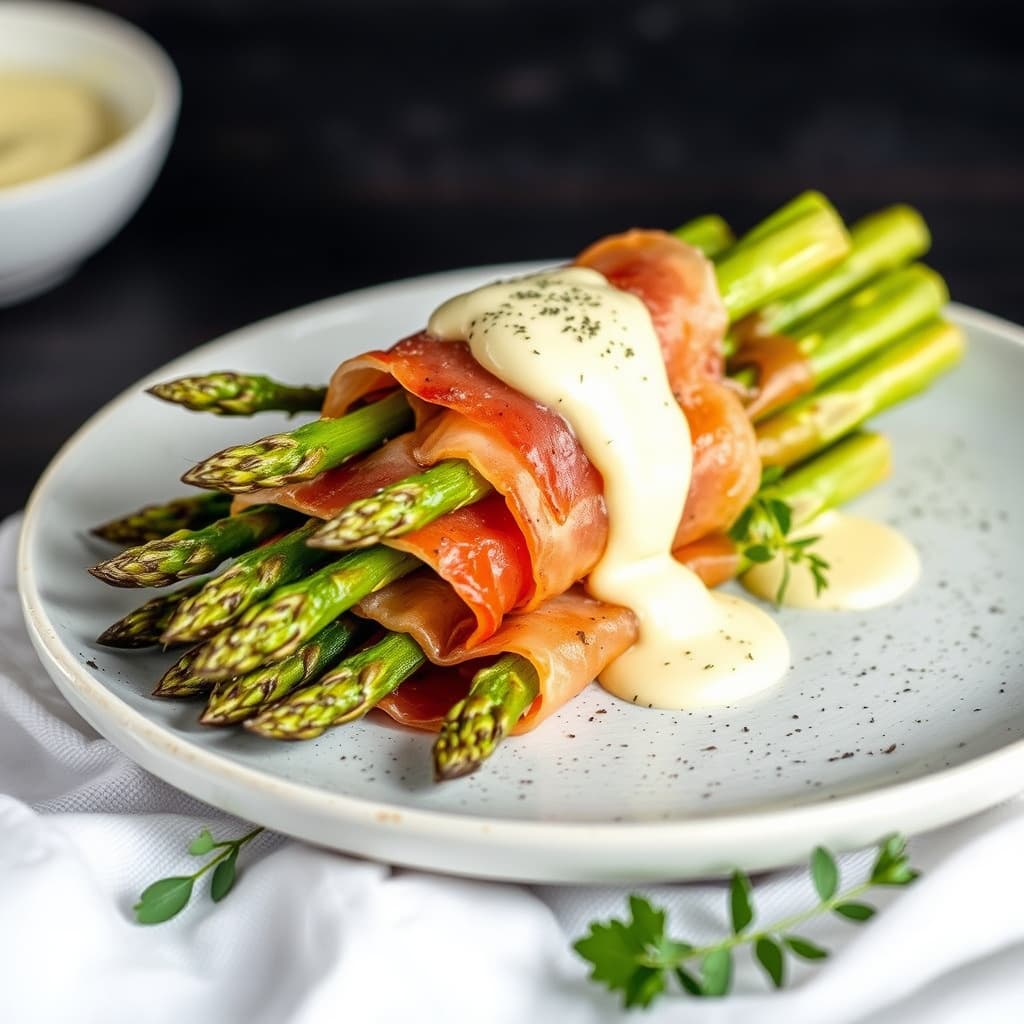 Asparges innbakt i prosciutto med beurre blanc