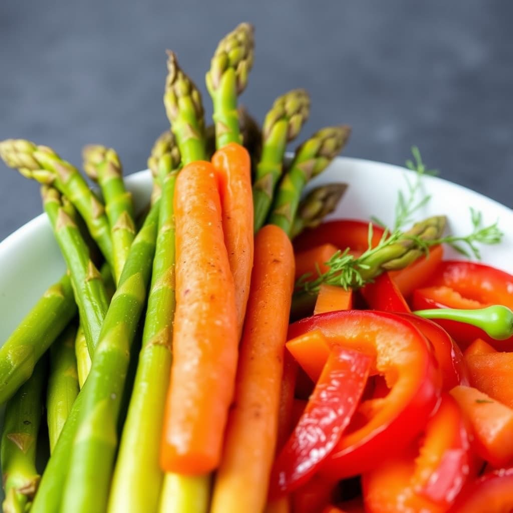 Asparges, juliennegulerøtter og røde paprika
