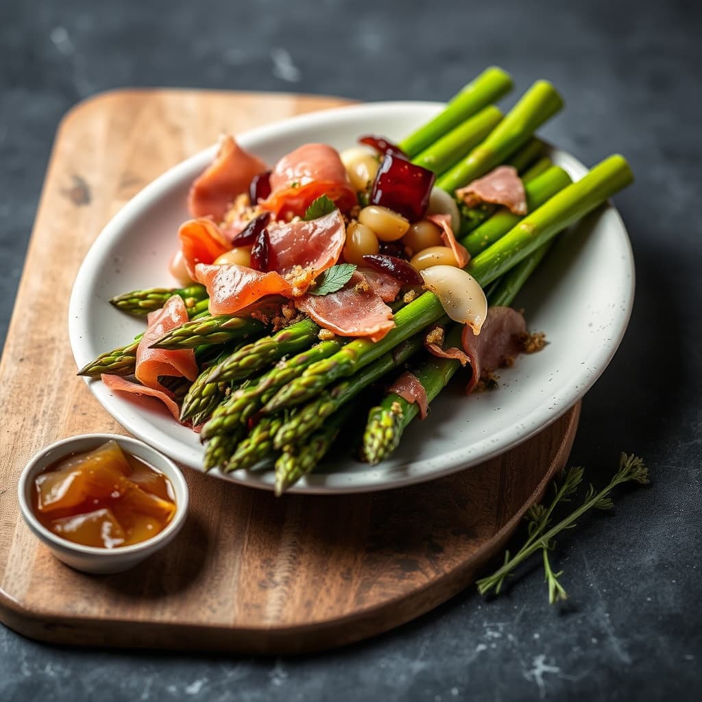 Asparges med prosciutto og sylteagurkede sjalottløk