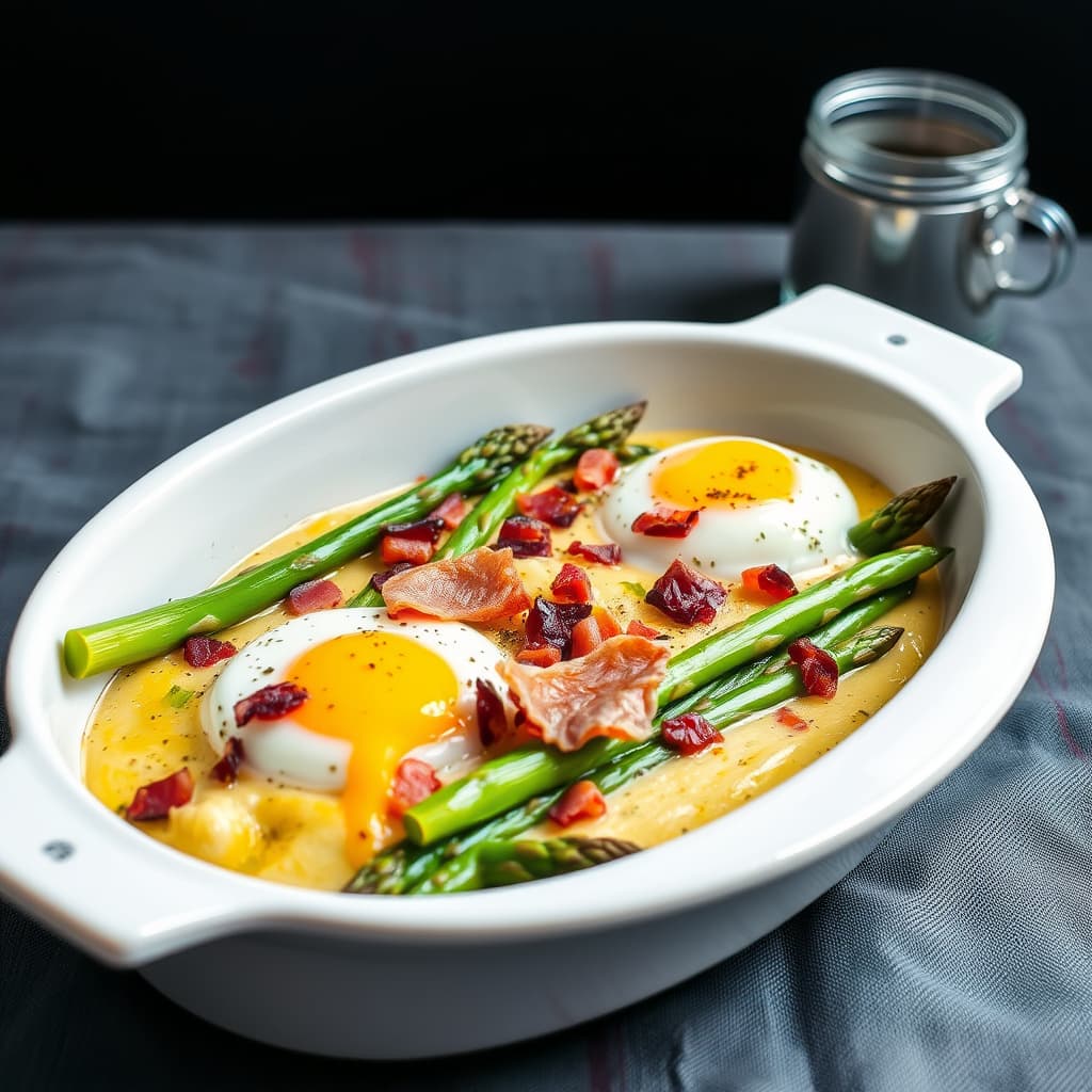 Asparges med purre og pancetta, servert med egg i cocotte