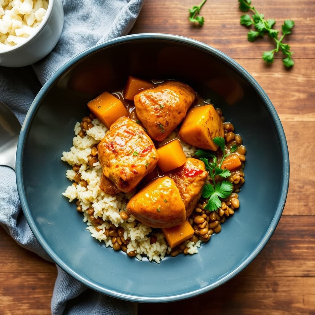 Åtte-krydret gresskarsuppe med kyllinglår og linseris