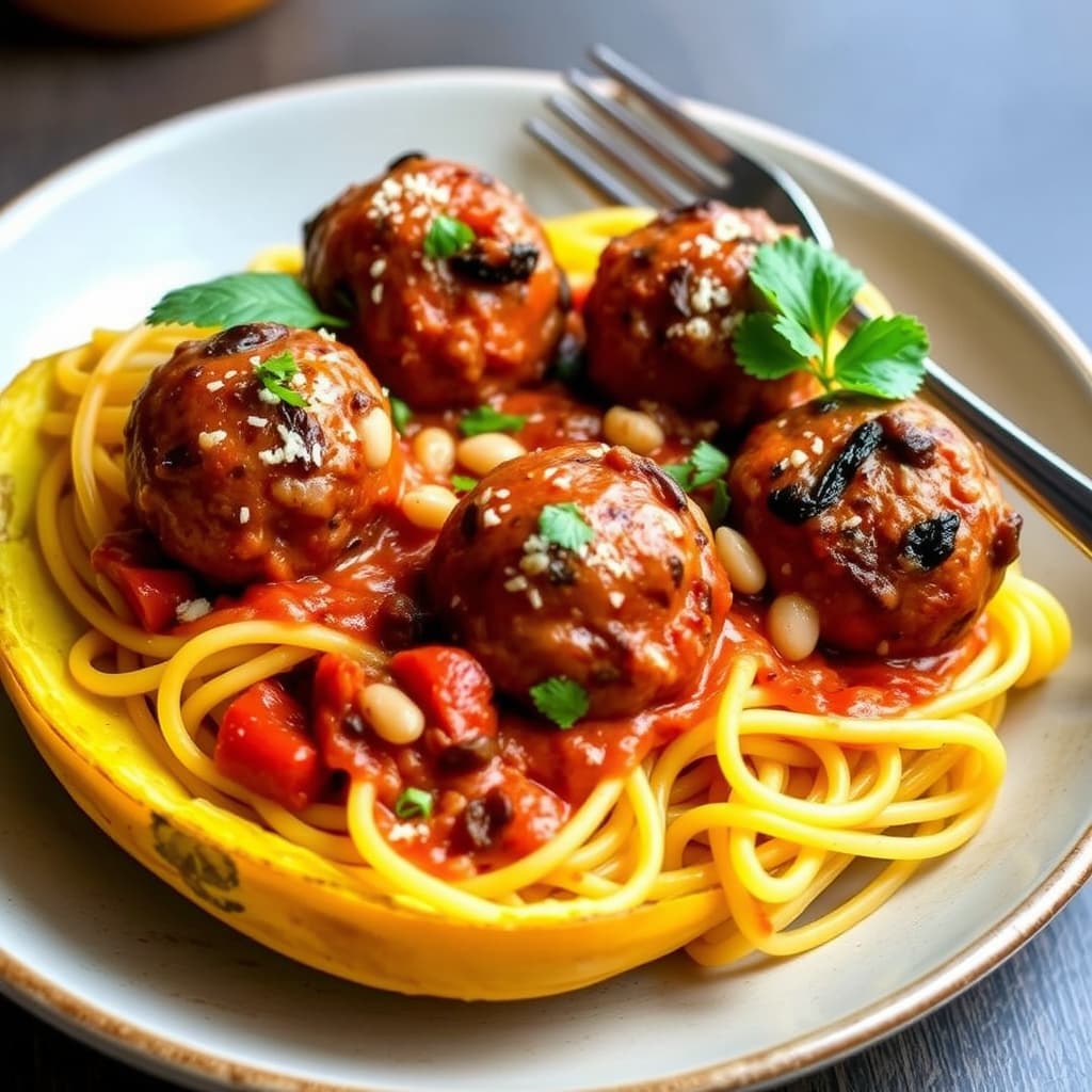 Aubergine- og hvite bønneboller med spaghetti squash