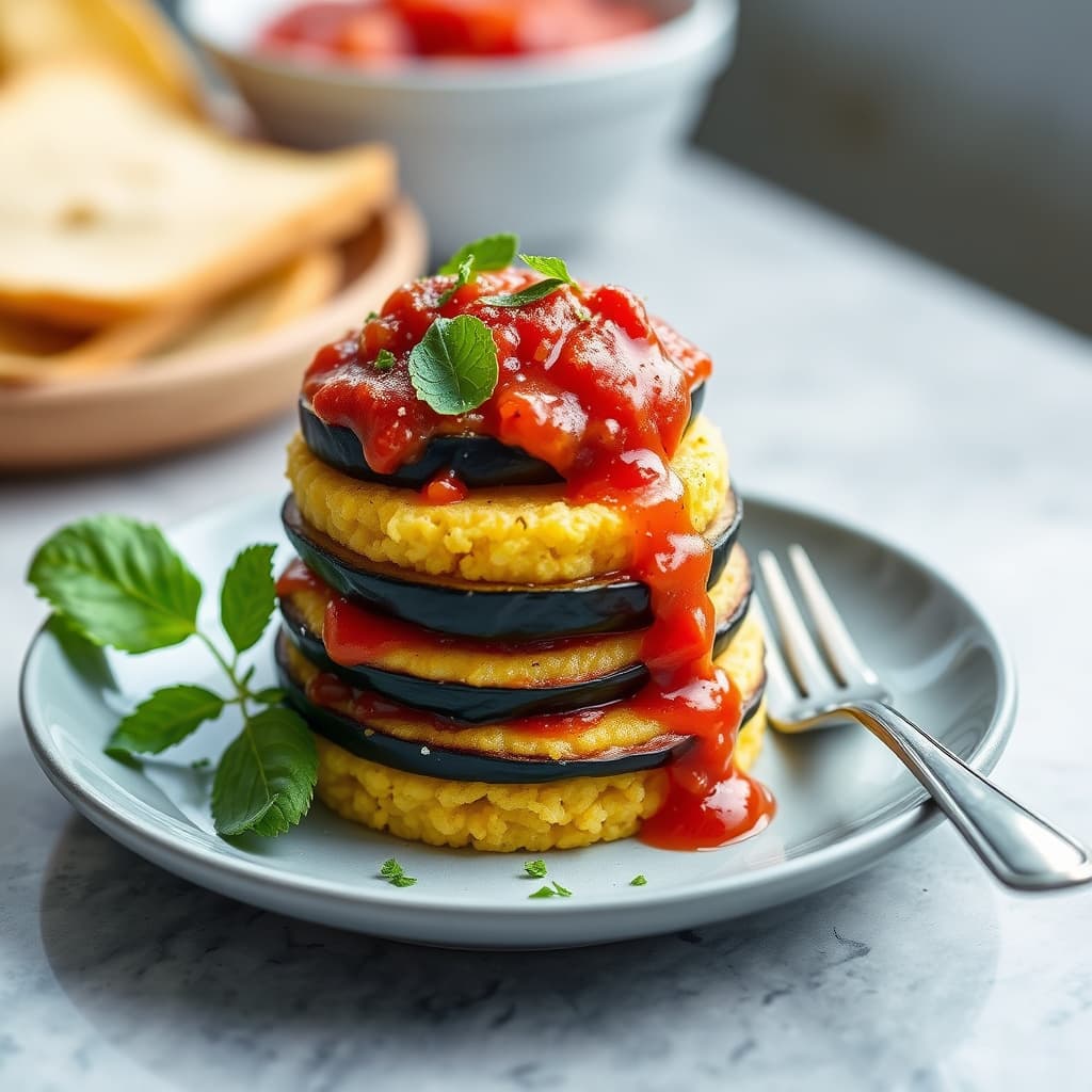 Aubergine- og polentastakker med tomatsaus