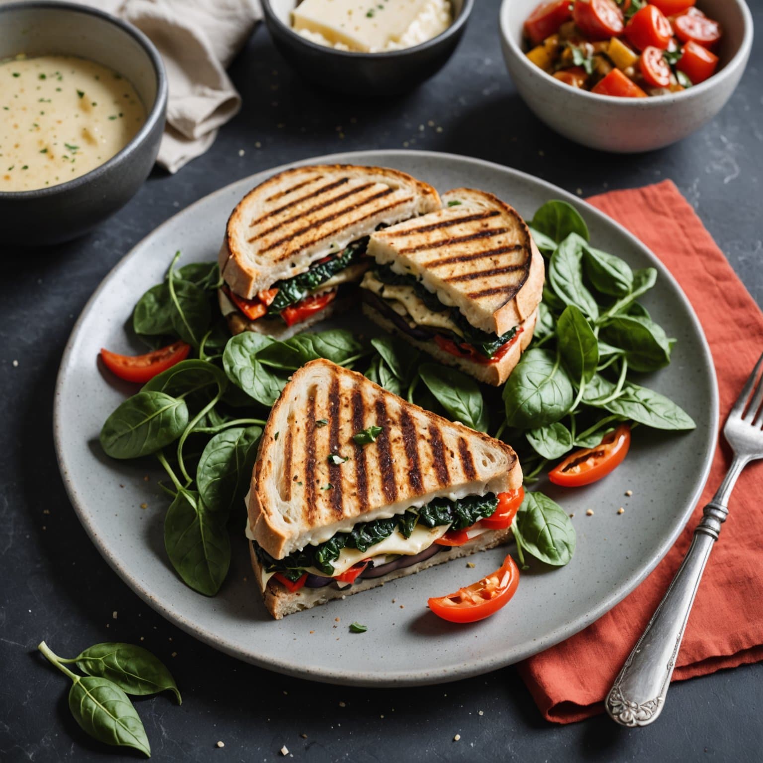Aubergine, rød paprika og fontina-panini med spinatsalat