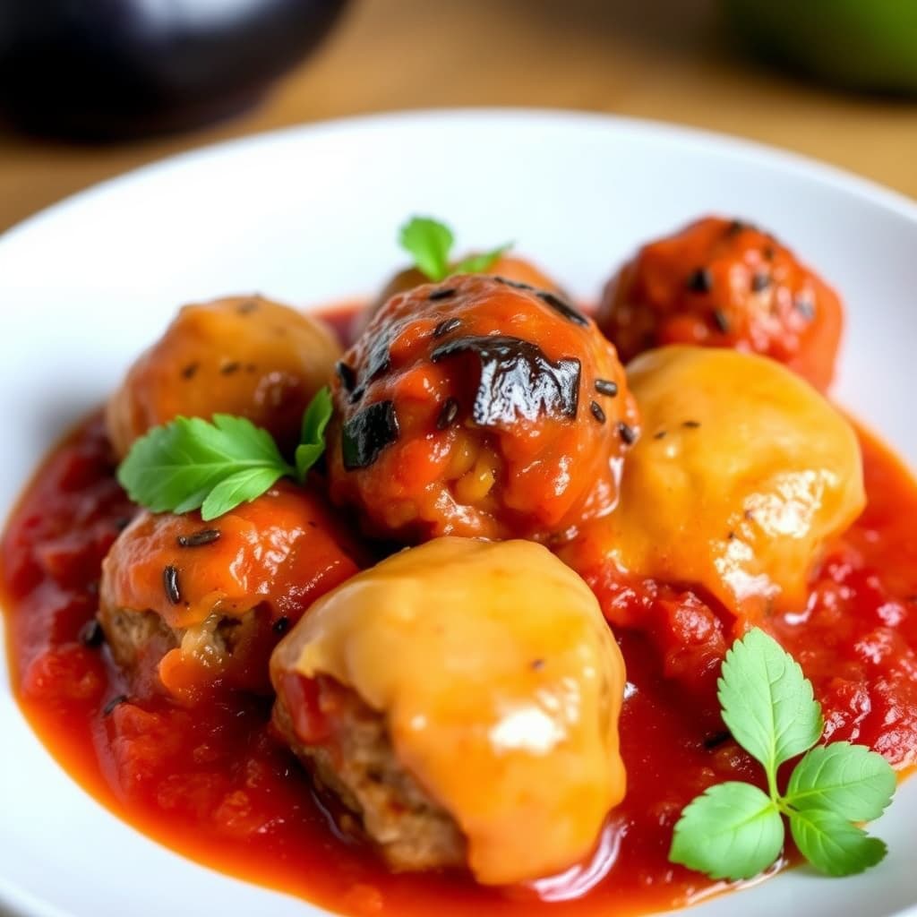 Aubergineboller med marinara-saus