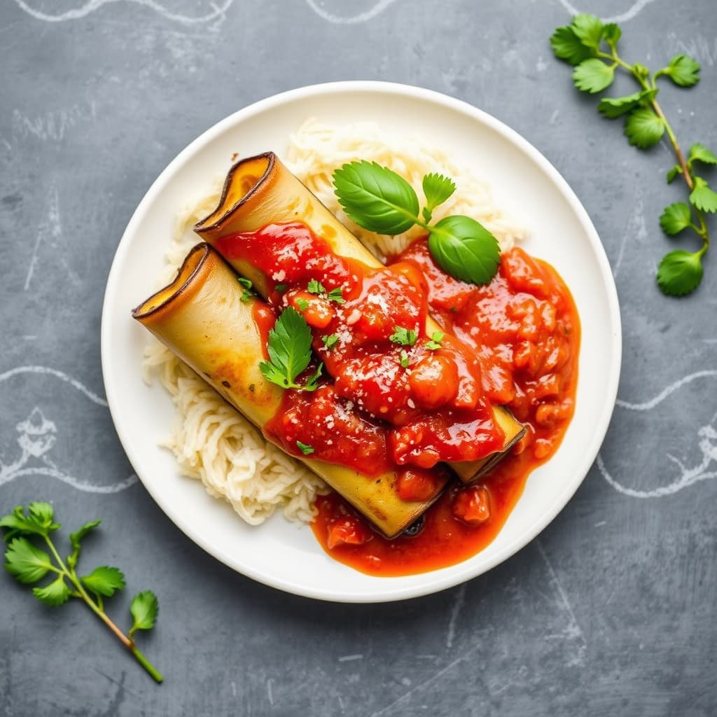 Aubergineruller med krydret tomatsaus