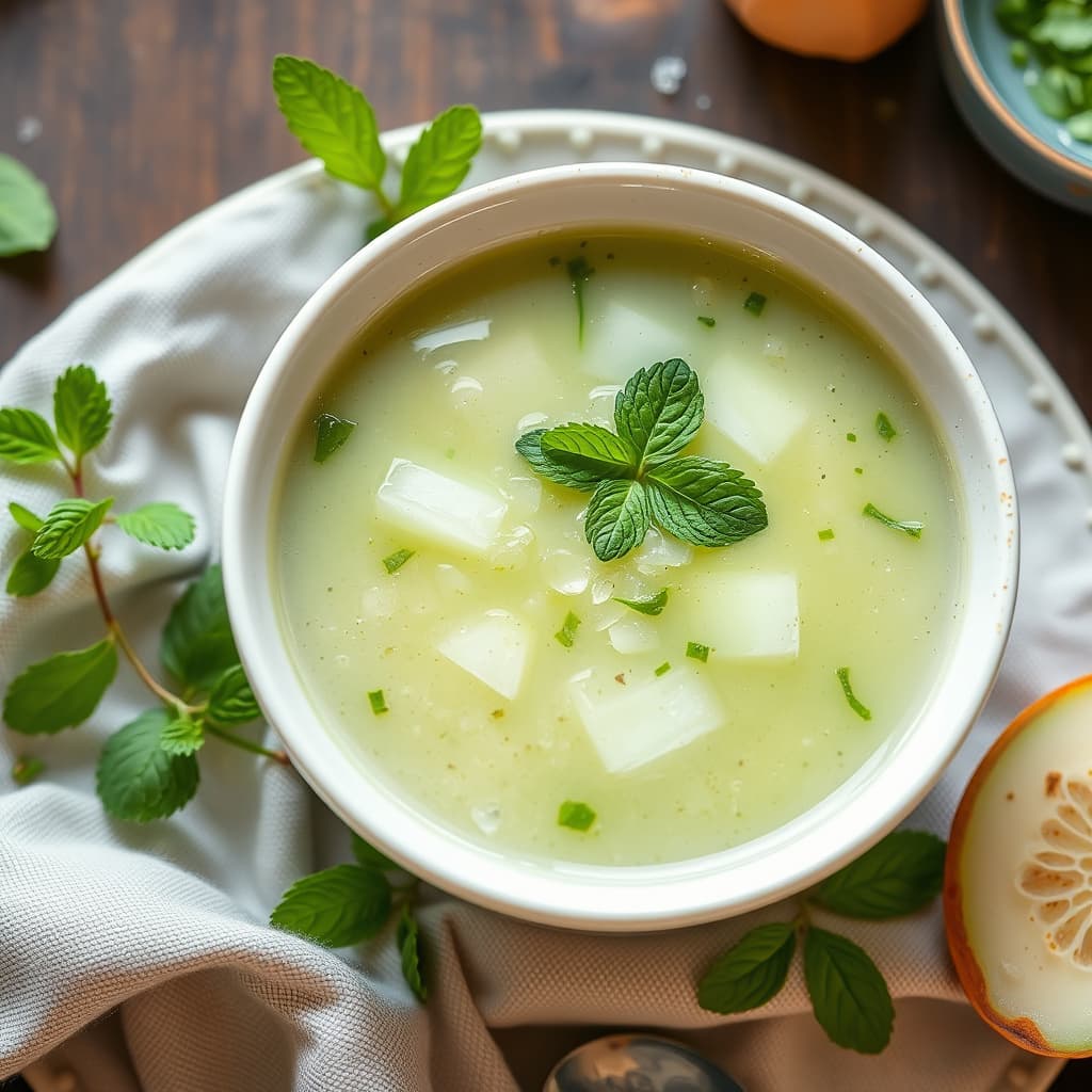 Avkjølt myntet agurksuppe med honningmelon