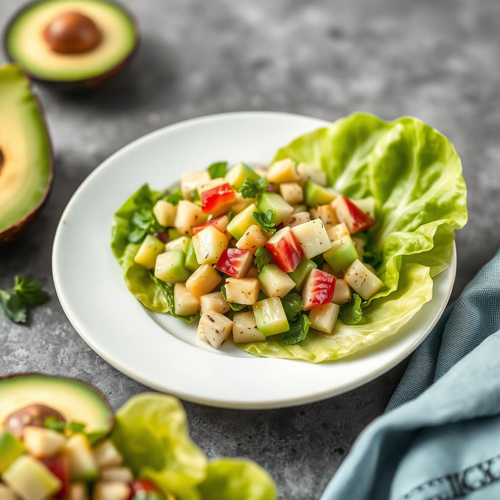 Avokado-, artisjokk- og palmehjertesalat servert i salatbladwraps