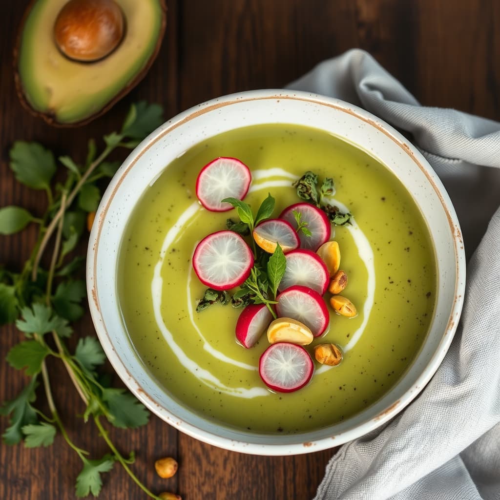Avokadosuppe med urter, skivede reddiker og pistasjnøtter