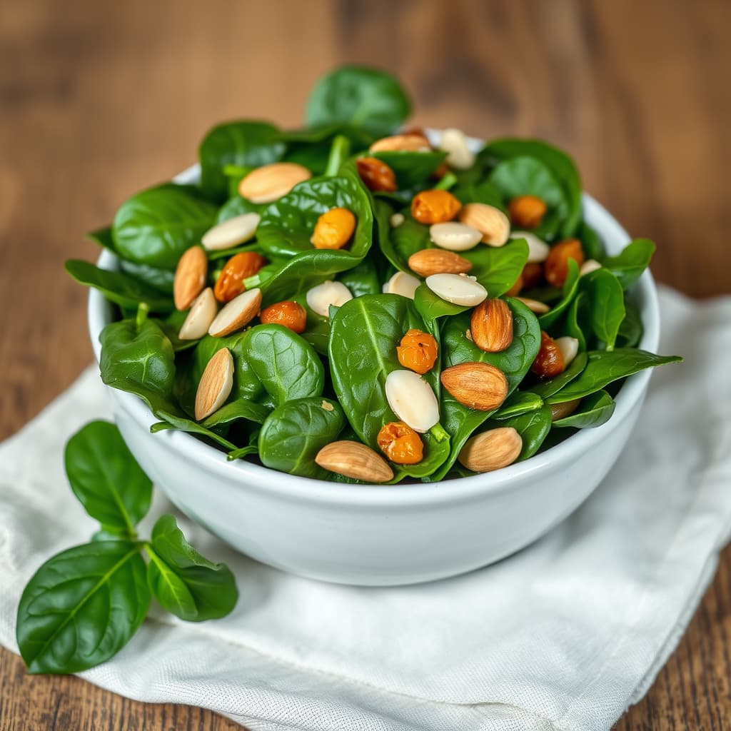 Babyspinat med mandler og gyldne rosiner