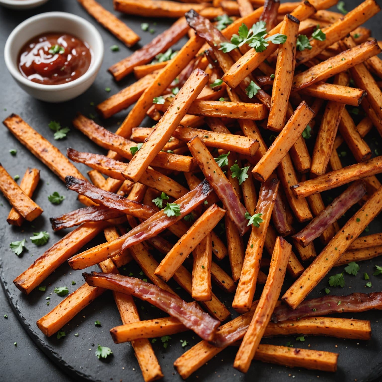 Bacon-tilsmakt søtpotetfries