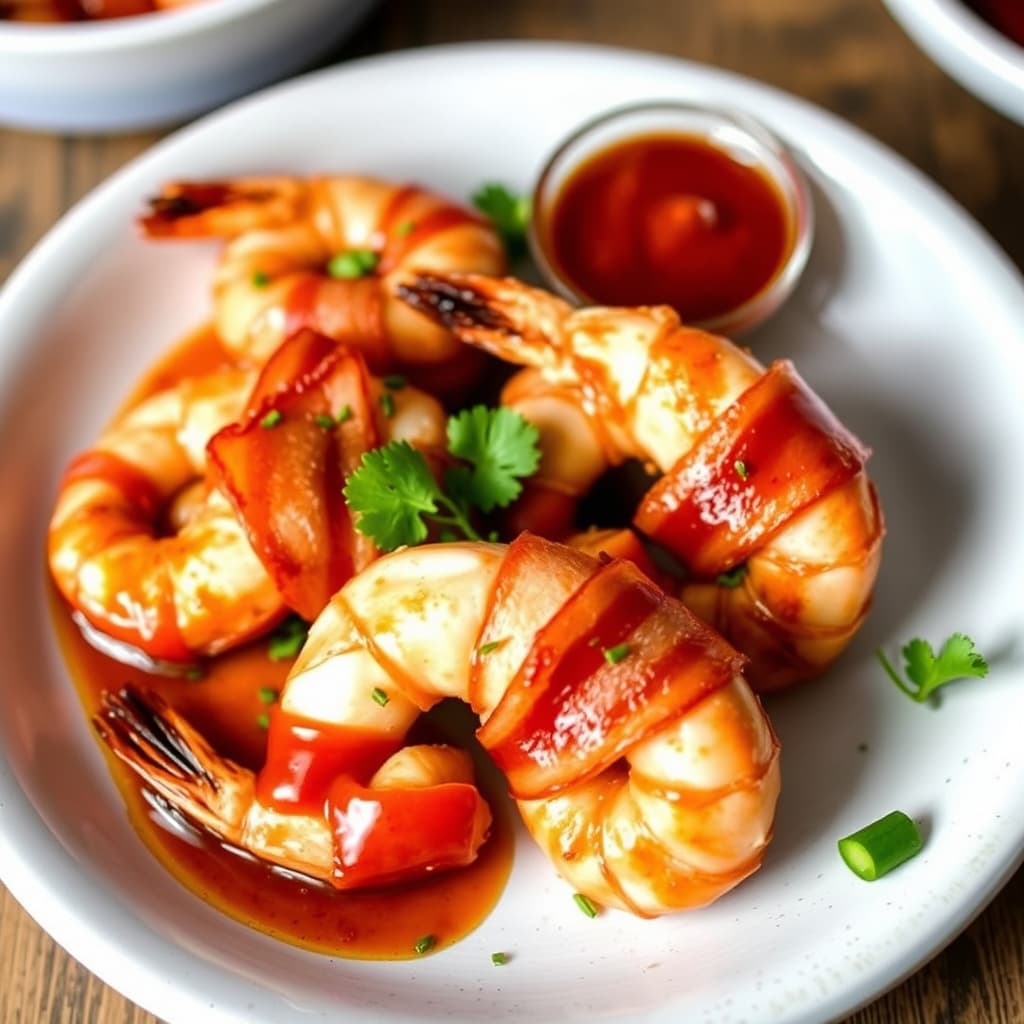 Baconinnbakte reker med chipotle BBQ-saus