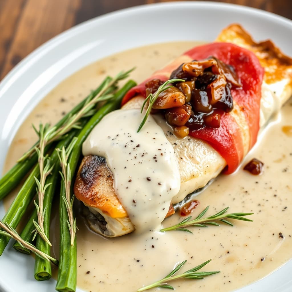 Baconinnpakket ørret fylt med balsamico-løkkompote i rosmarinsaus