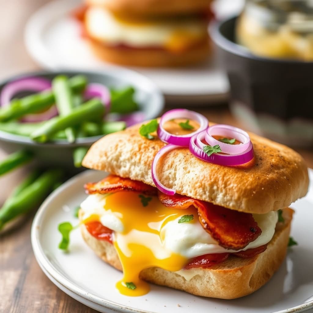 Baconsandwich med egg og sylteagurk på vårløk