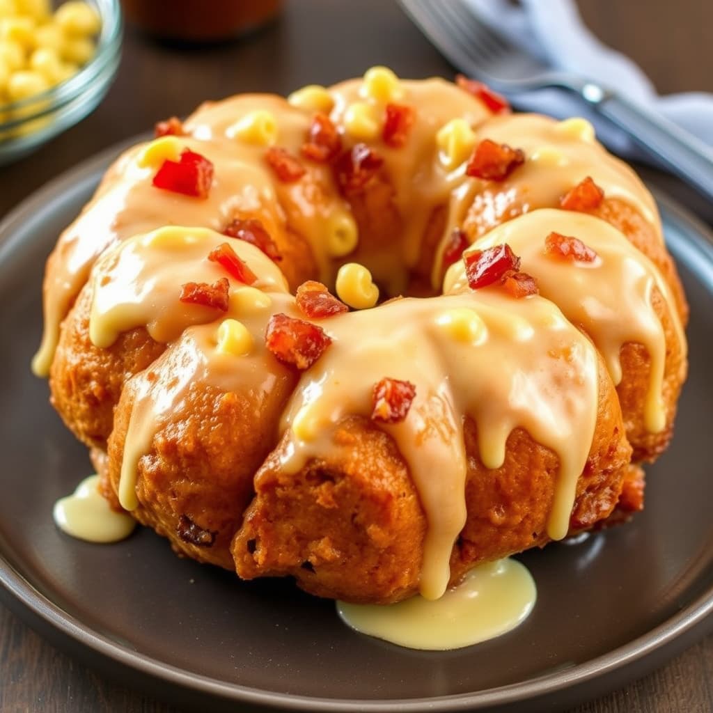 Baconskake med ost og makaroner, monkey bread