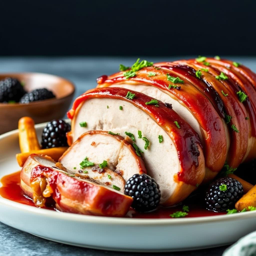 Baconsurret bjørnebær- og svinekjøttstek