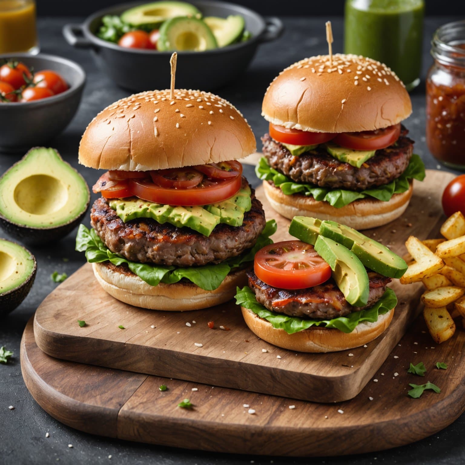 Baconswiss-burgere med tomat og avokado