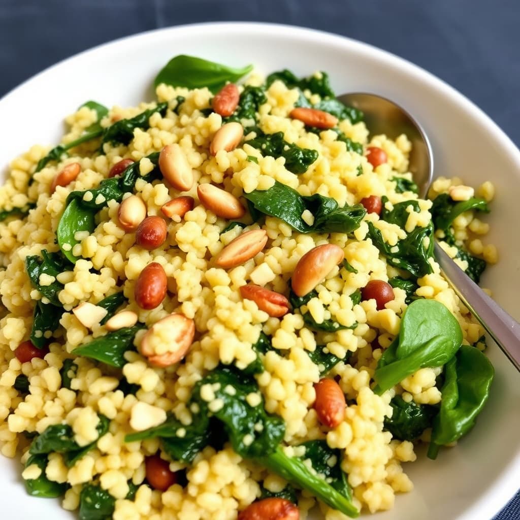 Bakt couscous med spinat og pinjekjerner