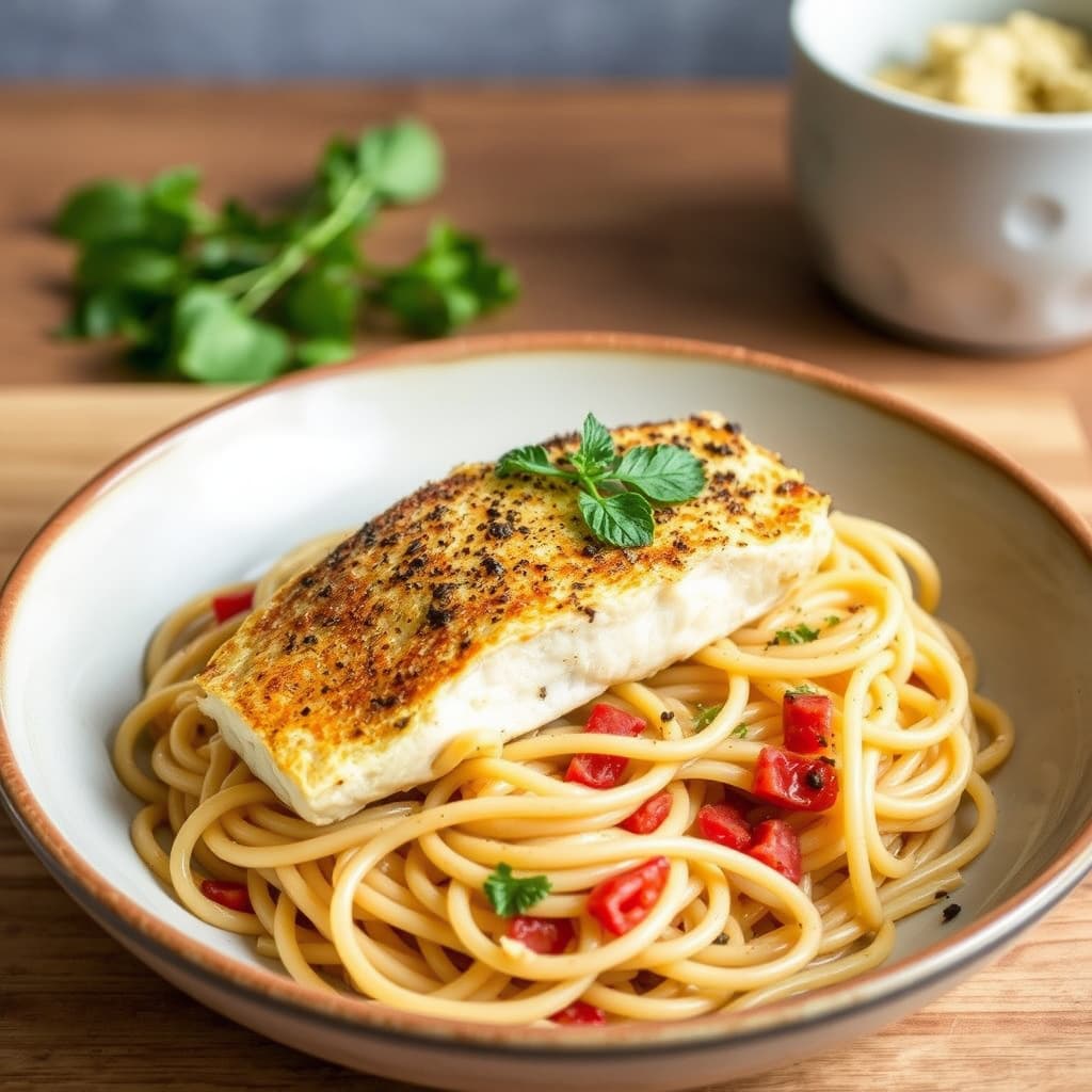 Bakt fisk Dugler-ini og angel hair pasta