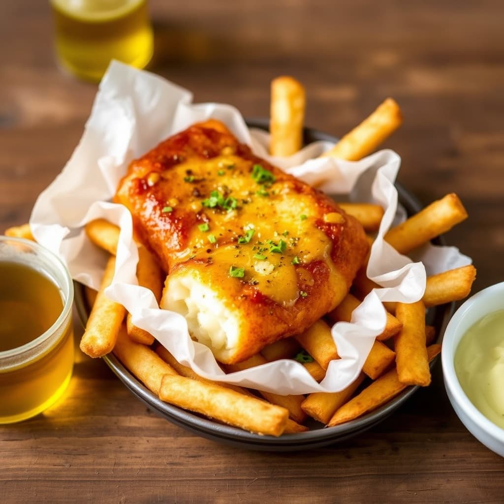 Bakt fisk og pommes frites med honningeddik