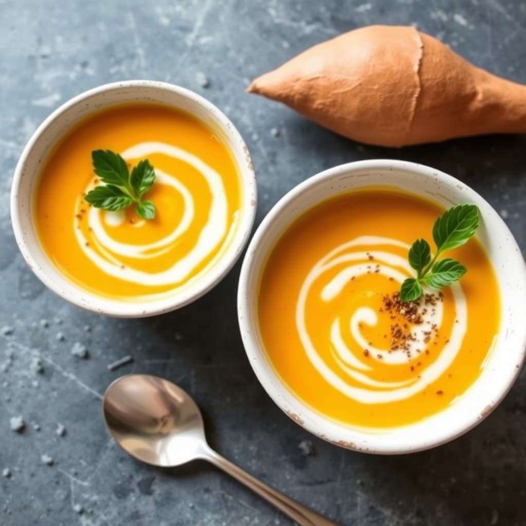 Bakt gresskar-, søtpotet- og kokosmelsuppe