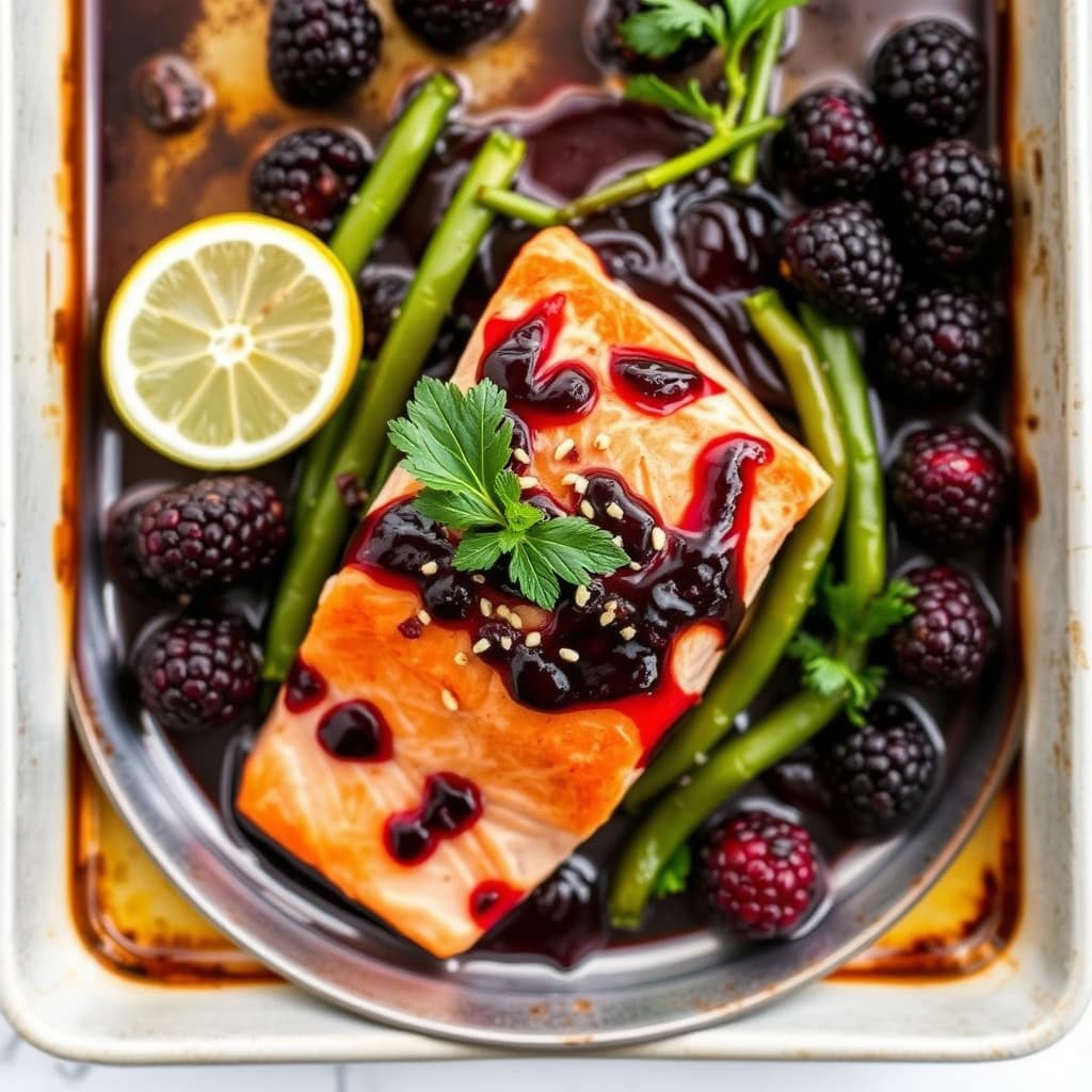 Bakt laks med bjørnebær- og ingefærglasur