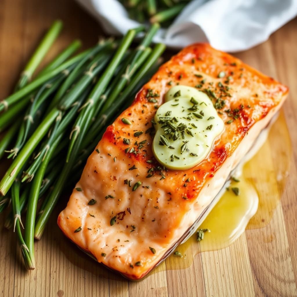 Bakt laks med estragon og smør med fennikelfrø