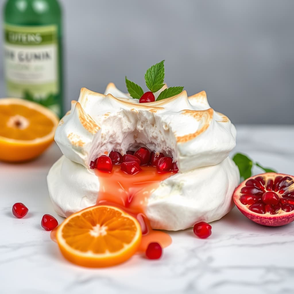 Bakt marengs med sitrus, gin og granateple