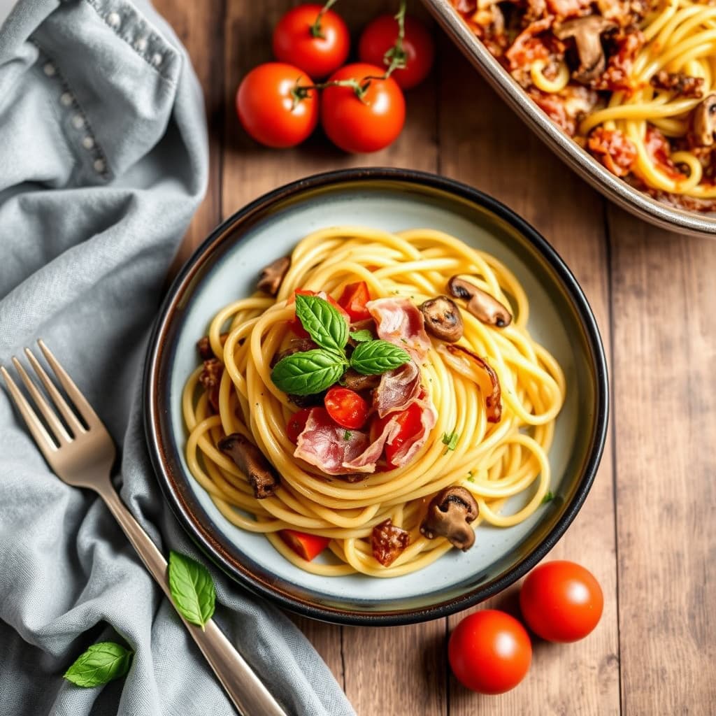 Bakt pasta med tomater, shiitakesopp og prosciutto