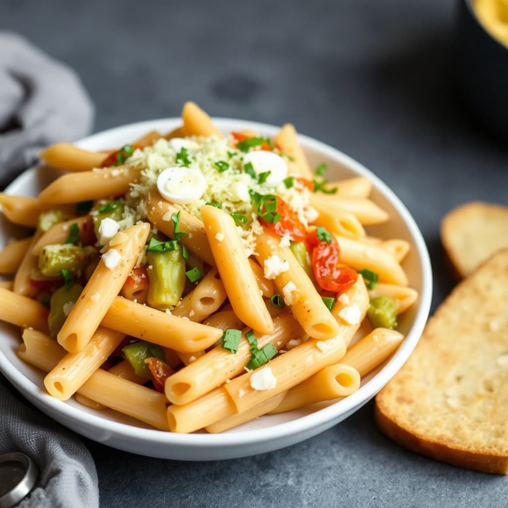 Bakt penne med gårdsost og purre