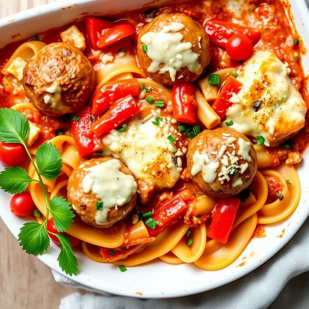 Bakt rigatoni med kjøttboller og paprika