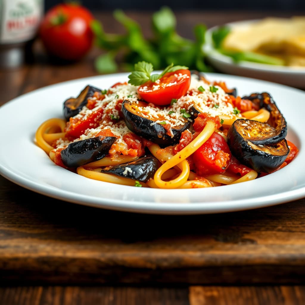 Bakt rigatoni med ovnsbakt aubergine og tomat