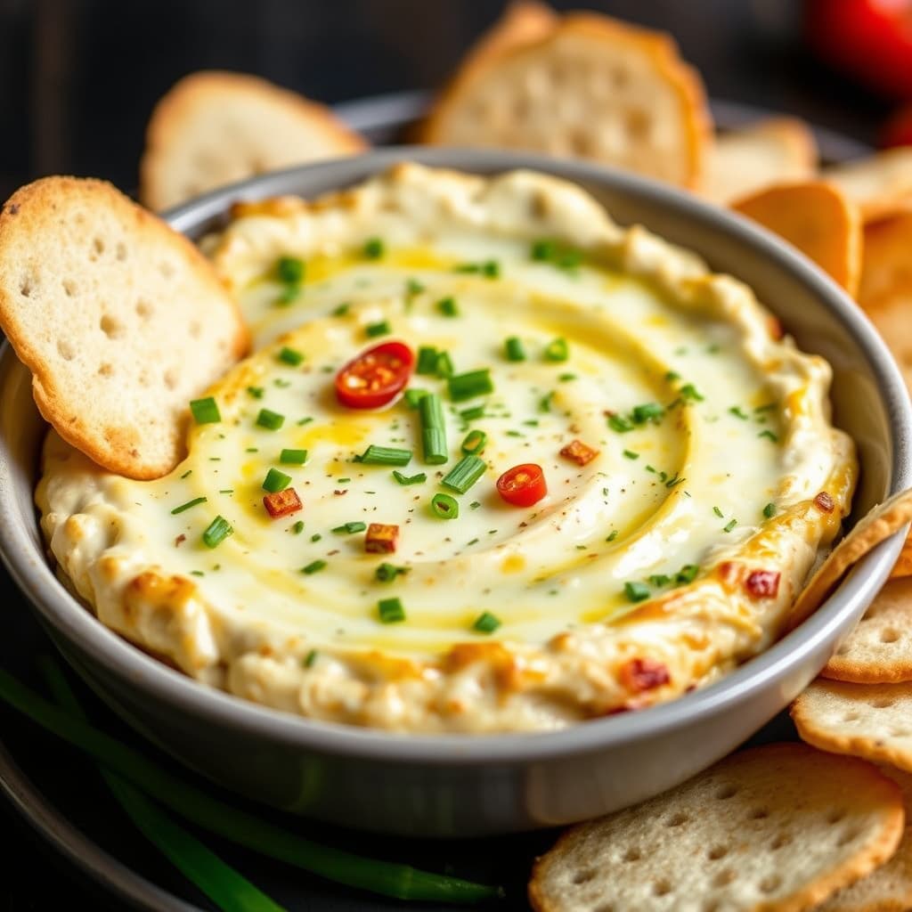 Bakt tre-oste-løk-dip med gressløk og peperoncini