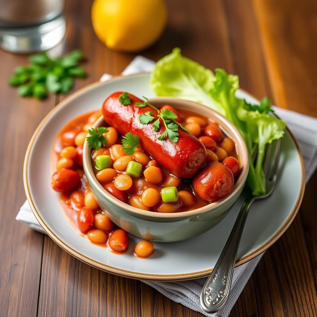 Bakte bønner og knockwurst