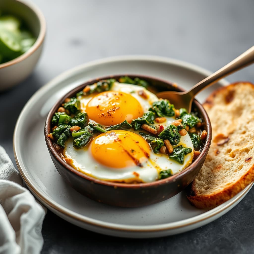 Bakte egg med krydret spinat
